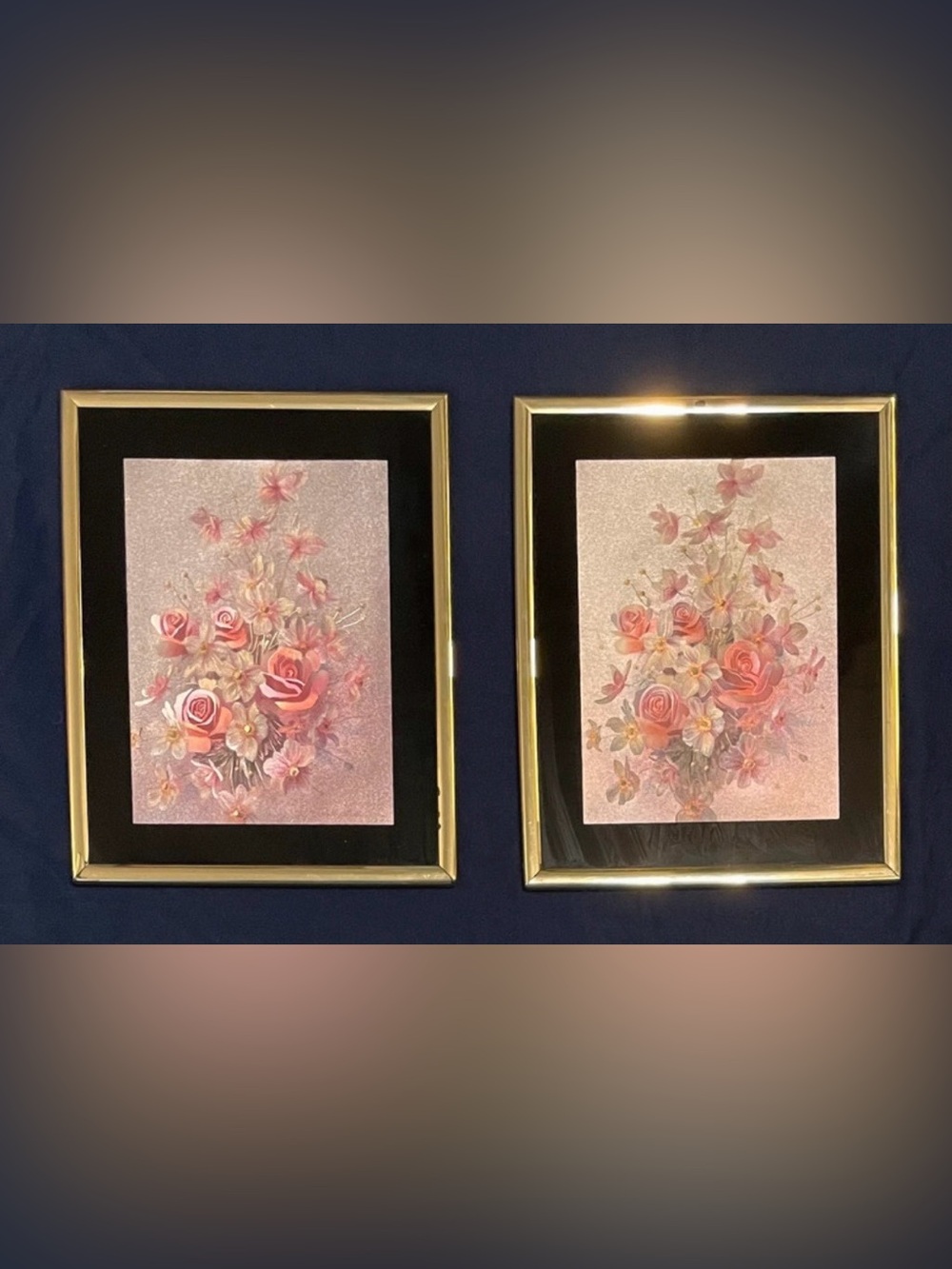 Vintage Matching Pair Gold Frame Pressed Floral Art Prints Pink Roses (Set of 2)